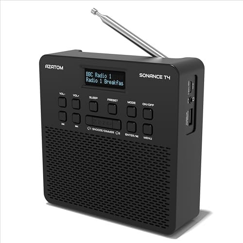 DAB/DAB+ & FM Portable Digital Radio | Simple Controls | Dual Alarms & Sleep Timer | Rechargeable Battery | Bluetooth | Perfect for Home, Office or Outdoors | AZATOM Sonance T4 (Black)
