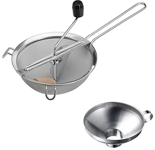 Westmark 119822E6 - Juego de embudo para conservas y mermeladas (1 colador passe-vite y embudo con boquilla larga, acero inoxidable/madera, frutas descaradas, plata/negro)