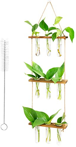 Unnosin Wall Hanging Planter 3 Tiered Plant Propagation Station Terrarium 9 Bulb Vase with Wood Stand, Glass Planter Test Tube Vase for Propagating Hydroponic Home Office Garden