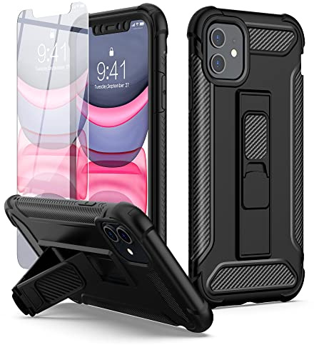 ORETECH [5 in 1 für iPhone 11 Hülle:mit [Ständer Halter][2X Displayschutzfolie],Handyhülle iPhone 11,360 Grad [Militärischer Schutz] Stoßfest Schutzhülle Silikon Bumper Hülle für iPhone 11, Schwarz
