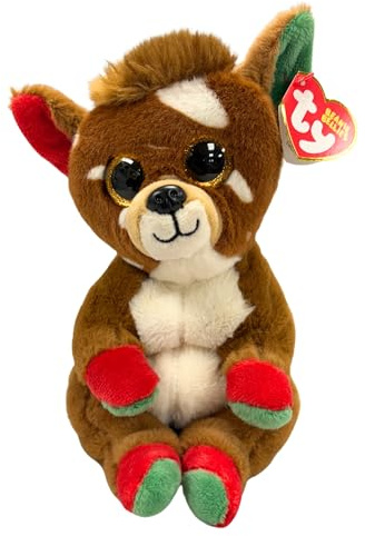 Ty - Plüsch - Beanie Bellies speziell Weihnachten - Rentier - Juno - Braun - Puppe mit weichem Bauch und goldenen Glitzeraugen - Die weichen und kuscheligen Plüschtiere - 20 cm - 41040
