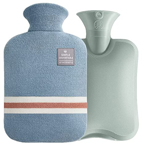 Wärmflasche mit Bezug, Weicher Premium Strickbezug,1 Liter PVC Wärmbeutel für Heiß- und Kälte, Handfußwärmer, Nacken- und Schulterschmerzlinderung(Blau)