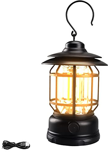 Lanterne Tempête Vintage, Lampe LED Portable Rechargeable, Lampe de Camping Electriques, Lanternes LED Extérieure, 300LM Luminosité Réglable pour Pêche Randonnée Camping (Sans batterie)