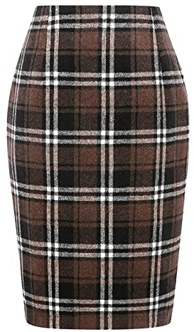 Women's Elegant Plaid Midi Skirt - Wool Blend High Waist Bodycon Mini Pencil Skirt for Fall Winter XXL A-Coffee