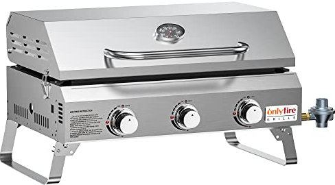 ONLYFIRE GRILLS Tisch-Gasgrill mit klappbaren Beinen, tragbarer 3-Brenner-Propangas-Grill, flache Oberseite für Outdoor-Kochen, Terrasse, Grill, Camping, Heckklappe, Wohnmobil, Grill, Edelstahl