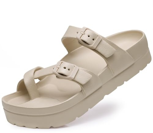 Goosecret Women's Platform Sandals with Arch Support Comfortable Foam Slides Summer Beach Sandals with Adjustable Buckle Nude, 39