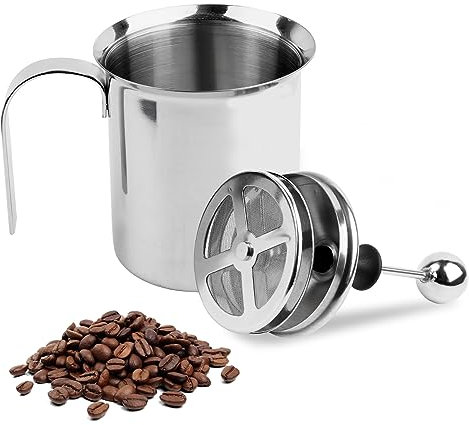 RISVOWO Montalatte Manuale, 400ml Frullino Montalatte, Schiuma di Latte in Acciaio Inox, Doppia Rete Pentolino Latte, Creamer Schiuma di Latte(8 X 8 X 18 CM)