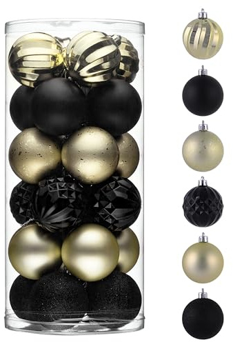 Valery Madelyn Weihnachtskugeln, 24pcs 6cm Christbaumkugeln Kunststoff Weihnachtskugel Weihnachtsdeko mit Aufhänger Geschenkpaket Weihnachtsbaumschmuck Schwarz Gold Thema