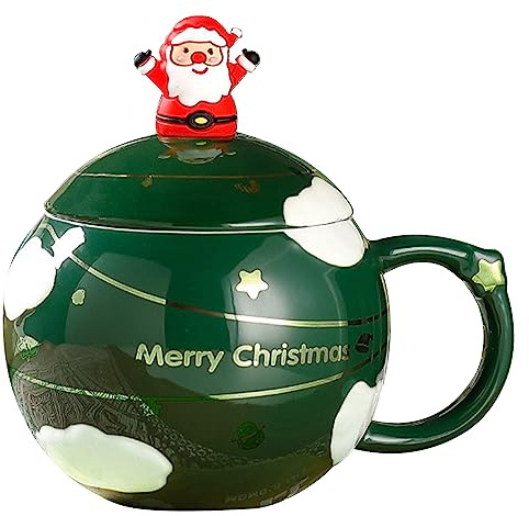 Weihnachtsbecher Keramik Kaffeetasse Weihnachtsbecher mit Deckel Löffel Weihnachtsmann Keramik Kaffeebecher 400ml Neuheit Weihnachtstasse Teetasse für Kaffee Tee Milch Xmas Geburtstagsgeschenke (Grün)