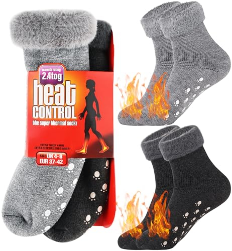 Jeasona 2 Pairs Thermal Socks for Women Non-slip Slipper Socks Extra Warm Thick Socks Winter Socks Women Christmas Stocking Stuffer for Mum Grandma