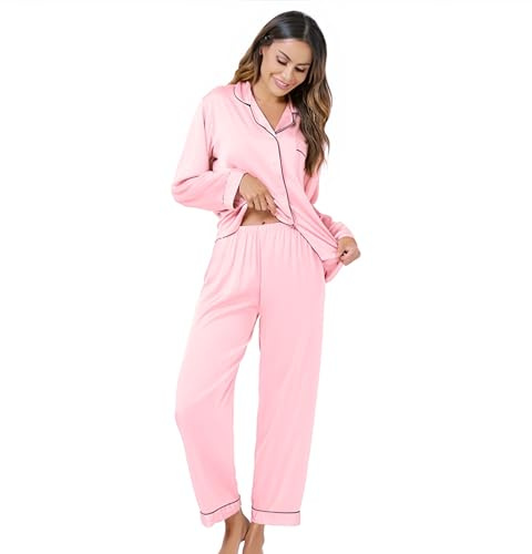 Xuepelit Silkessyjamas för kvinnor, satin, pyjamas, set med knappar, långa damer, brudtärna, pyjamas, två delar, silke, pyjamas för kvinnor, set, Rosa, M