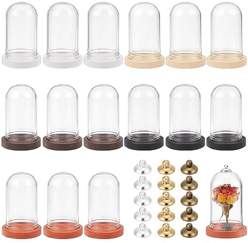 BENECREAT 15 Set Mini Eternal Flower Glass Dome Cloche with Knob, Dome Mini Cloche Bell Jar with 5 Colors Wood Base for Flower Plants, Specimens, Crafts Decorations, 44.5x25mm