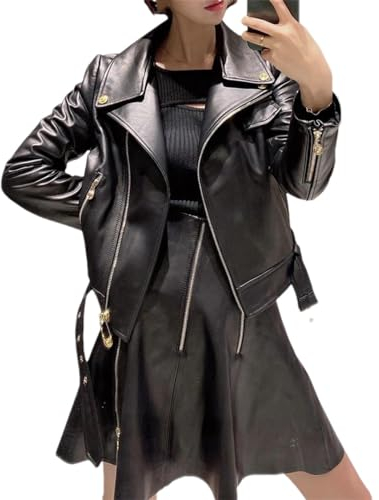 Hdhdeueh Damen Lederjacke Echtes Schaffell Leder Mantel Motorrad Jacken, Schwarz , 42