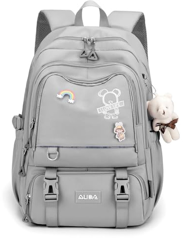 Amythe Schulrucksack für Teenager Mädchen, Leichter Großer Rucksack, Grau | Wasserabweisender Schulranzen Mädchen für Grundschule Sekundarstufe Universität, Lässiger Daypack für Reisen, Schulstart