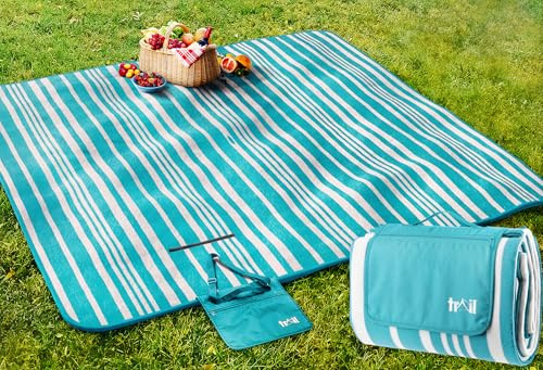 Trail Large Picnic Blanket, Soft Fleece Rug, Waterproof Backing, Foam Insulation, Fleecy Top, Parasol Slit, Peg Points, Cover with Strap, Portable Camping Garden Beach Mat (Turquoise 2m x 2m)