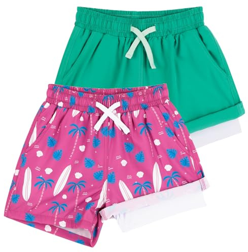LACOFIA 2 stycken badshorts för pojkar 2-i-1 barnbadbyxor med kompressionsliner, simbyxor med elastisk midja, barn, sommar, strandshorts, snabbtorkande i 4–14 år, Grön + rosa tryck, 140-152