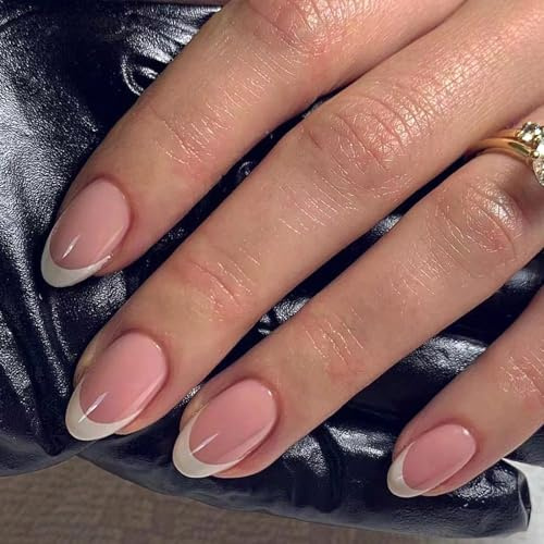 24 Stück Nägel Nude zum Aufkleben Kurz Mandel, Französische Weiß Press on Nails Full Cover Kunstnägel mit Nagelkleber Aufkleber, Acryl Fingernägel zum Aufkleben für Frauen & Mädchen Nail Art