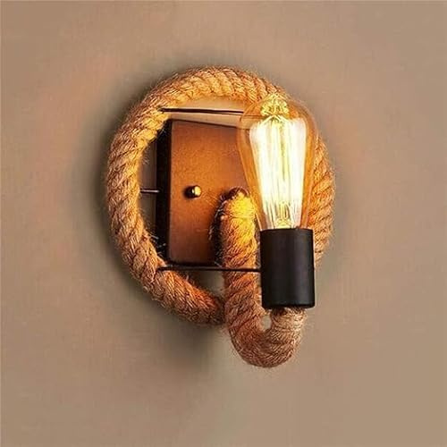 Vintage Wandlampe Innen Hanfseil,E27 Runde Industrielle Wandleuchte aus Iron,Dekorative Beleuchtung Lampe Wand Innen für Wohnzimmer,Esszimmer,Flur(Ohne Glühbirnen)