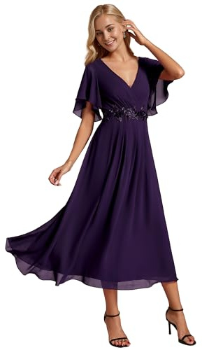 Ever-Pretty Abito da Ospite di Nozze Donna Applique Maniche a Volant Collo a V Stile Impero Chiffon EG02093