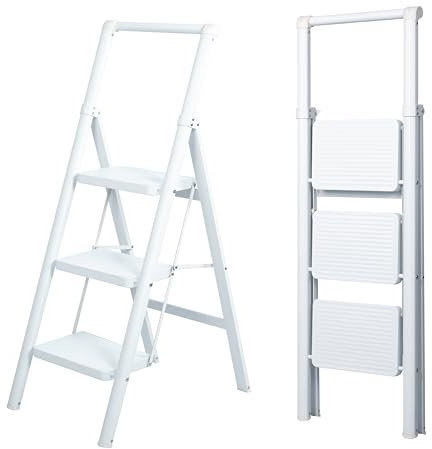 UZIRO Scaletta 3 Gradini, Perfetta per Casa, Scala Pieghevole e Compatta con Pedali Larghi Antiscivolo, Facile da Riporre e Trasportare, Colore Bianco