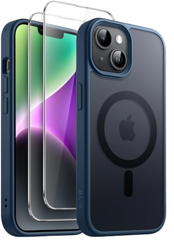 JETech 3-in-1 Matte Magnetische Hülle für iPhone 14, Sturmblau | Kompatibel mit MagSafe, 2 Gehärtete Glas Schutzfolien, Matte Transluzent Rückseite, Stoßschutz