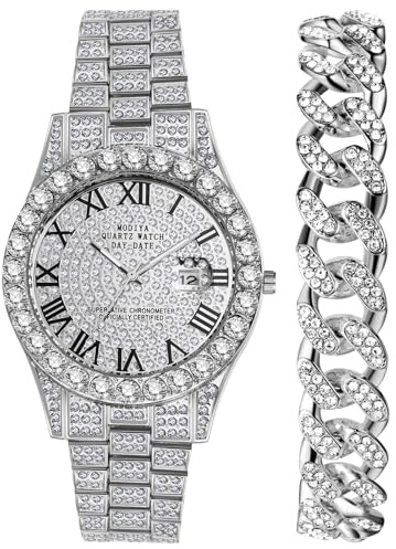 OIDEA Herren Armbanduhr Set Diamond: 2pcs Analog Quarz Herrenuhr mit Römischer Zifferblatt Kalender & Panzerkette Armkette mit Strass Punk Rock Hip Pop Geschenk für Männer Silber Gold