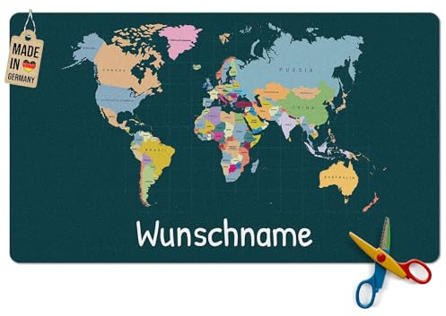 Pr Print Royal Schreibtischunterlage selbst gestalten mit Name - Weltkarte mit Ländern - Waschbar, Personalisierte Geschenke zur Einschulung | 60x35 cm, Rutschfest