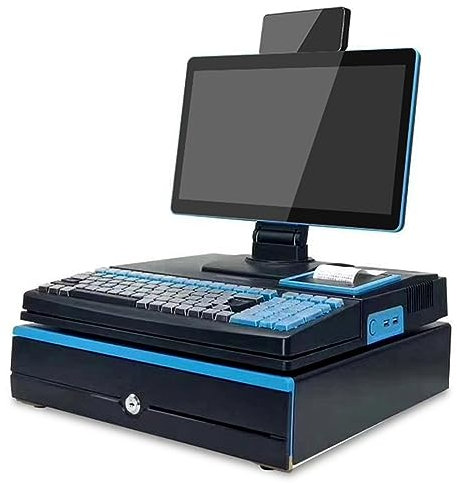 FLNOZAMZ Registrierkasse, 15,6-Zoll-Computer-Smart-Registrierkasse mit Tastatur, All-in-One-Gerät, LED-Anzeige, 58-mm-Drucker, für kleine Unternehmen/Einzelhandel (Blue)