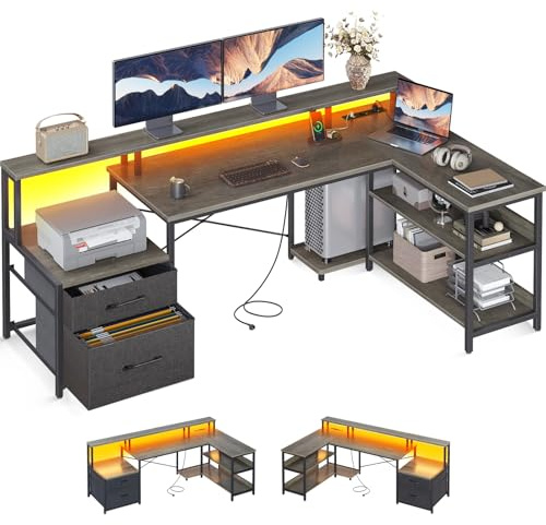 ODK Schreibtisch mit Schubladen, 172.5×100cm Reversibel Eckschreibtisch Groß mit 2 Steckdosen&USB Ladeanschluss, Schreibtisch L Form mit Stauraum, Gaming Tisch für Homeoffice, Graueiche