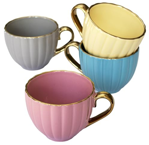 Darthome Set of 4 Scalloped Cappuccino Cups 300ml Chrome Gold Rim & Handle Coffee Mugs