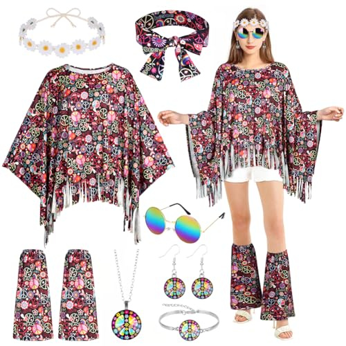 AOOWU Hippie-Kostüm für Damen, 9-teiliges Hippie-Kostüm-Set der 70er Jahre, Hippie-Kostüm mit Umhang, Überstiefeln, Sonnenbrille, 2 Stirnbändern, Ohrringen, Armband