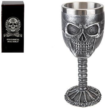 PMS Gunmetal Skull Goblet – Gothic Black & Silver Stainless Steel Chalice – Perfect for Halloween, Pirates & Gothic Gifts