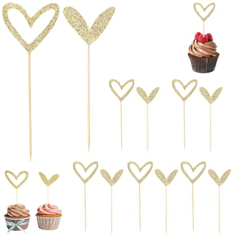 24 Stück Gold Glitter Herz Tortendeko Nettes Design Herzen Muffin Deko | Cupcake Topper Herzförmige Deko-Aufhängung für Geburtstage,Jubiläum,Hochzeit,Party Dekorationen