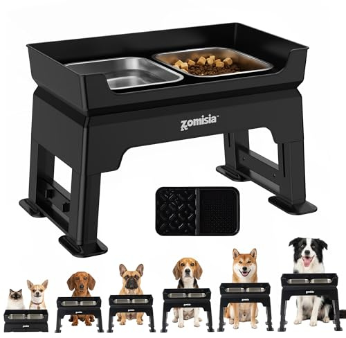 ZOMISIA Raised Dog Bowl, 6 Height Adjustable Elevated Dog Bowl 13-37cm | Double Layer Dog Feeding Station, Splash Guard, 2*1600ml Stainless Steel Food Water Bowls, Slow Feeder Plate