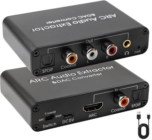Estrattore audio HDMI ARC, estrattore audio multifunzione ARC, segnali digitali in ottici, coassiali, 3,5 mm e RCA, convertitore DAC da 192 kHz per HDTV, soundbar, altoparlanti e amplificatori