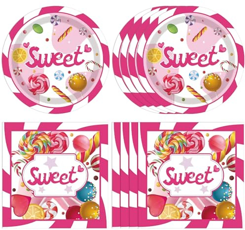 40 Pcs CandyLand Party Decorations Sweet Candy Theme Birthday Party Decorations Disposable Dessert Candy Tableware Paper Plates Napkins for Birthday Baby Shower Sweet Shop Decor