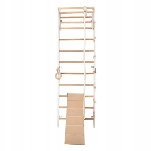 Kletterwand für Kinder und Erwachsene mit höhenverstellbarem Reck-Indoor Klettergerüst aus Holz - Wand-Reck, Stange, Gymnastik-Ringe, Kletterseil, beidseitiger Kletterrampe - Kombi 3 weiße Farbe