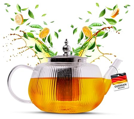 Teekanne Glas mit Herausnehmbarem Teesieb Feinmaschig Ideal für Teebeutel & Losen Tee 1 Liter Fassungsvermögen (1 Liter)