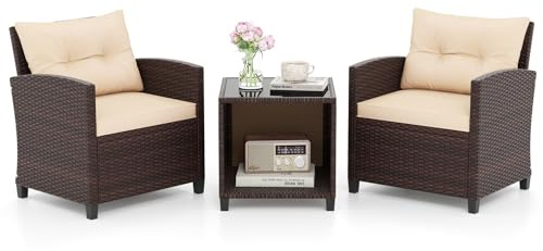 COSTWAY Gartenmöbel Set, Rattan Balkonmöbel inkl. 2 Stühle mit Sitzkissen & Tisch, Gartenlounge Outdoor, Sitzgruppe Set, 3-TLG. Terrassenmöbel Wetterfest für Balkon, Terrasse, Garten, Braun