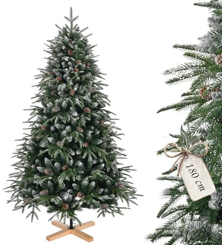 Christmas Tree,6FT/180CM Artificial Snow Christmas Tree with Pinecones, PE&PVC Mixed Bushy Tips Branches,Sturdy Wooden Base, Decoration for Xmas Home Indoor Holiday