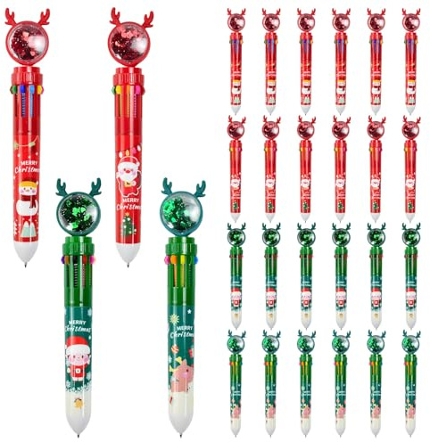 FuxFuis 24 Pz 10-in-1 Penne a Sfera Retrattile Natalizie, Penne Multicolore con Tema Natalizio, Gadget Natalizi per Clienti, Regali Fine Festa Compleanno per Riempitori di Calza Bomboniere (4 Stili)