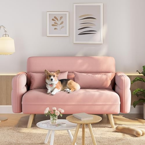 Yaheetech 2 Seater Sofa, 116cm Small Loveseat Sofa Couch, Fabric Futon Settee Lounge with 2 Pillows and Tapered Legs for Dorm/Office/Bedroom/Living Room Pink