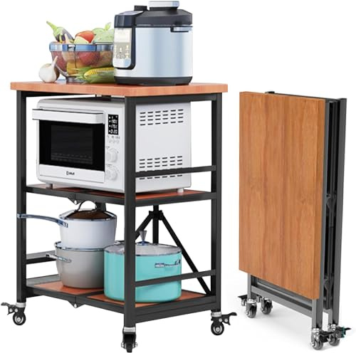 Carrello da cucina pieghevole con ruote, grande carrello da cucina con isola, con ripiani in acciaio inox e ruote bloccabili - Carrello multiuso nero a 3 livelli, per cucina di casa