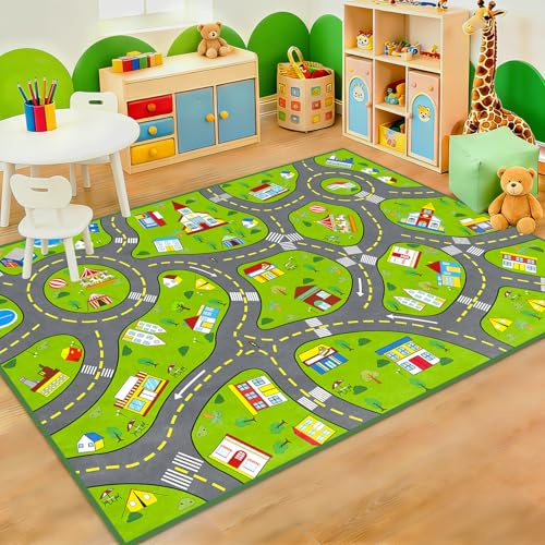 IWRJFQWR Car Rug for Kids Room, Kids Play Mat for Floor Green Educational Learning Track Road Rugs Decorate Nursery Toddler Preschool Bedroom Playroom Decor Mat, 2.5 x 4 Feet