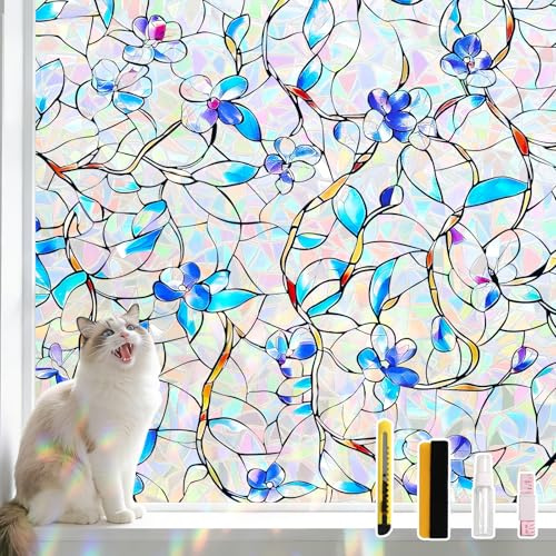 NINETREX Window Privacy Film, Rainbow Stained Glass Window Film, Static Cling Heat Control UV Blocking, Decorative for Home, Bathroom, Glass Door and Car, Renter-Friendly, Blue 17.5 x 78.7 inches