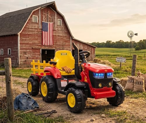Aptliton Kids Ride on Tractor with Detachable Trailer, 12v Battery Powered Electric Tractor 7 LED Lights with Remote Control, Dual Motors, Horn, Music USB, Ride on Toy Car for Ages 3+