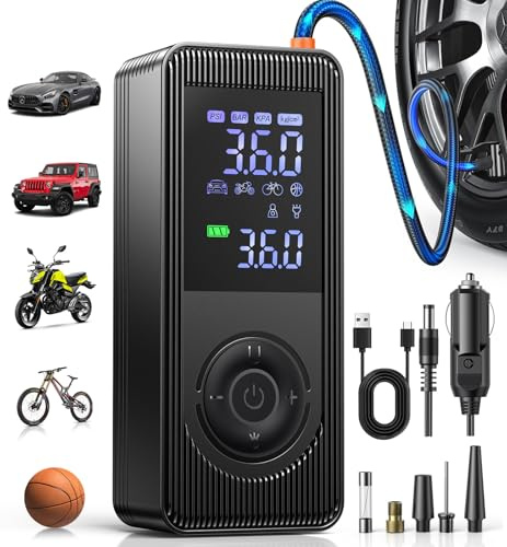Fshyos Elektrische Luftpumpe 150 PSI/10,3 bar, 6000 mAh Akku-Fahrradpumpe mit 12-V-Kabel, tragbarer Kompressor mit Digitalanzeige, Druckvorwahl, Auto-Stopp und LED für Auto Fahrrad Motorrad