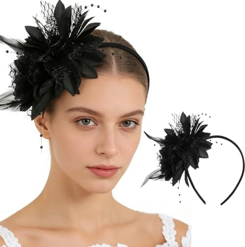 OIXEYA Bandeau Plumes de Artificielle, Serre Tete Noir Vintage, 1920 Fascinateur Plumes pour Femmes, 1920S Accessoires Cheveux Fleur pour Cocktail Mariage Goûter Halloween Cosplay Carnaval Mascarade