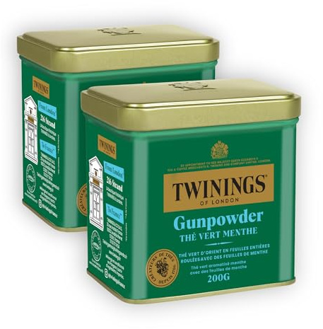 Twinings Thé Vert Gunpowder Menthe en Vrac 400 g (2x200 g) | Thé vert aux notes rafraîchissantes de menthe verte, en vrac dans une boîte métallique, à boire chaud ou froid