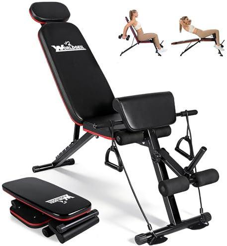 Worldgeil Hantelbank Klappbar & Verstellbar – Multifunktionale Fitnessbank für Zuhause - 7 in 1 Schrägbank & Trainingsbank für Ganzkörpertraining - Bench für zu Hause oder im Fitnessstudio